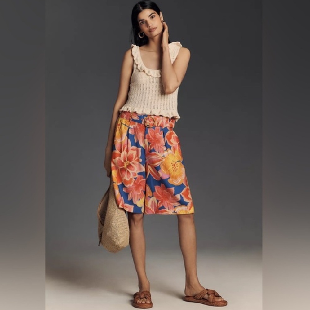 Farm Rio Linen Blend Belted Floral Bermuda
Shorts